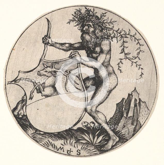 Shield with Stag Held by Wild Man, ca. 1435-1491. Creator: Martin Schongauer.
