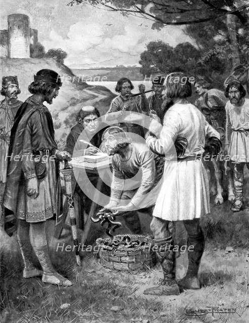 Paying rent in Saxon times, (c1920).Artist: Ernest Prater