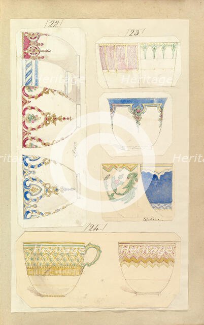 Eleven Designs for Decorated Cups, including Venice and Celestial Patterns, ca. 1852. Creator: Alfred Crowquill.