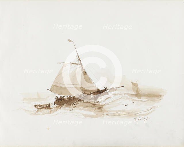 Sailing ship with figures on the water, 1830-1860. Creator: Albertus van Beest.