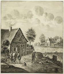 Men Conversing Outside House Beside Canal, after 1758. Creator: Unknown.