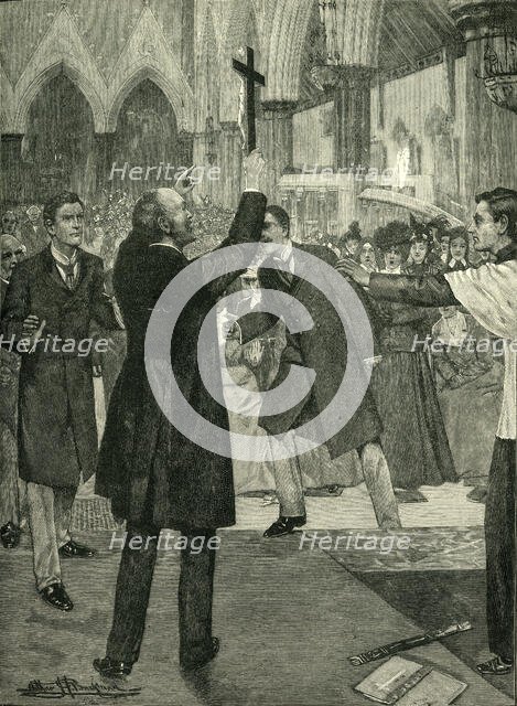 'The Agitation Against Ritualism: Mr. Kensit's Violent Protest in a West End Church', c1900. Creator: Arthur Herbert Buckland.