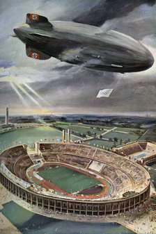 'Hindenburg' zeppelin above the Olympic Stadium, Berlin, 1936. Artist: Unknown