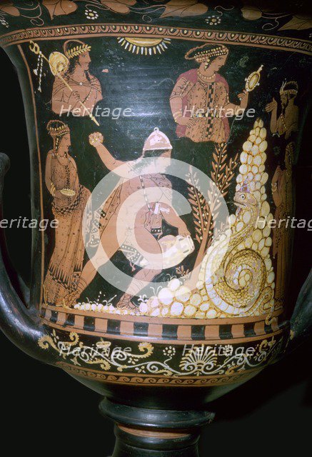 Greek vase painting depicting Cadmus fighting the serpent, 4th century BC. Artist: Unknown