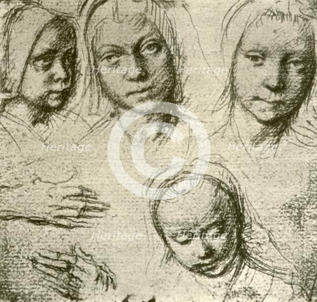 'Four Heads of a Young Girl and Two Hands', c1500-1505, (1908). Creator: Gerard David.