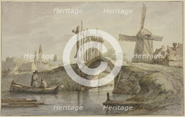 Gated pointed-arch canal bridge, a windmill on the right, two anglers in a boat on the left. Creator: Anthonie van Borssom.