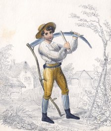 Reaper/haymaker sharpening his scythe with a whetstone, 19th century. Artist: Unknown