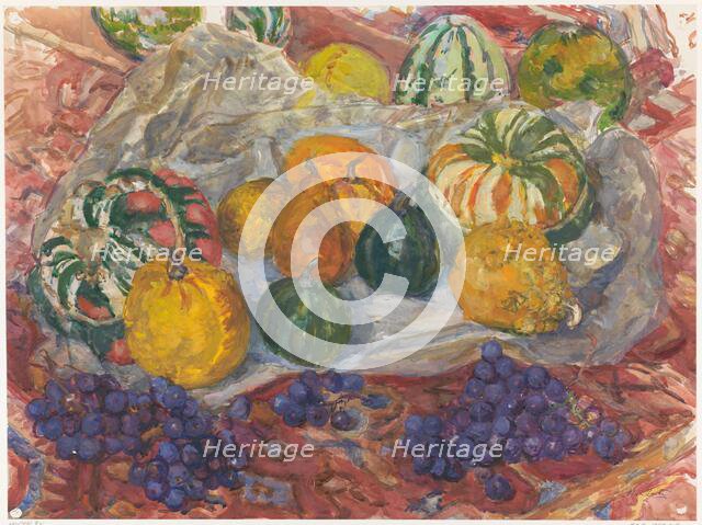 Still life of pumpkins and grapes on a rug, 1872-1950. Creator: Barbara Elisabeth van Houten.