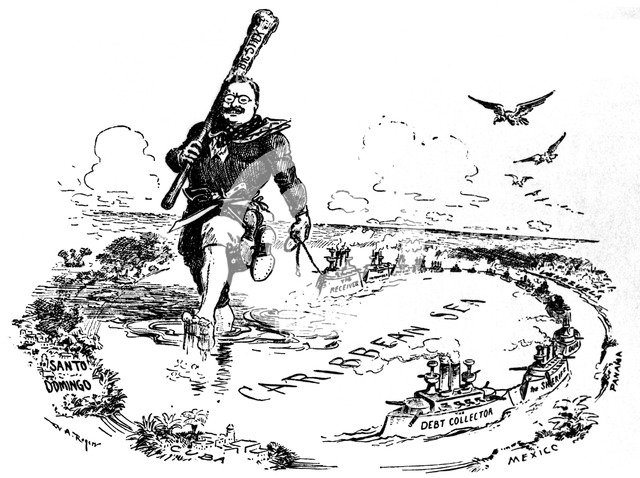 The Big Stick in the Caribbean Sea. Caricature on Theodore Roosevelt, 1904. Artist: Rogers, William Allen (1854-1931)