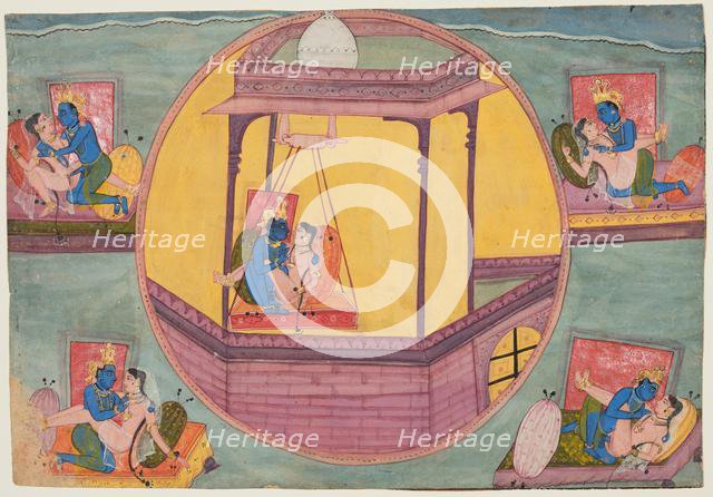 Five poses of Krishna making love, from a Bhagavata Purana, c. 1600. Creator: Unknown.