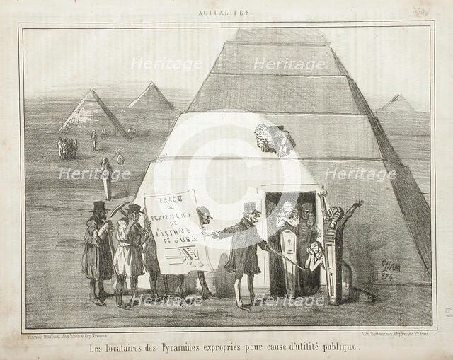Trace du percement de l'Isthme de Suez: -Les locataires des pyramides expropriés..., 1856. Creator: Cham.