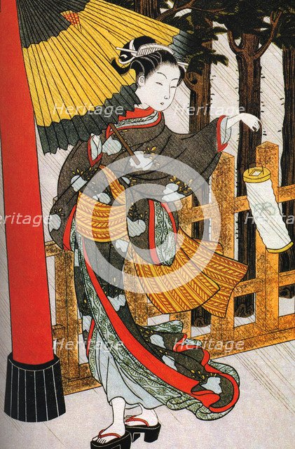 Girl on Her Way to the Shinto Shrine on a Stormy Night, 18th century.