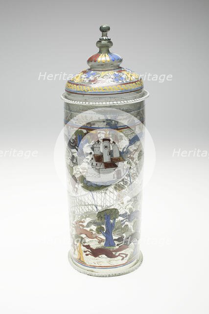 Beaker with Cover (Humpen) with Hunting Scenes, Bohemia, 1550/1600. Creator: Bohemia Glass.
