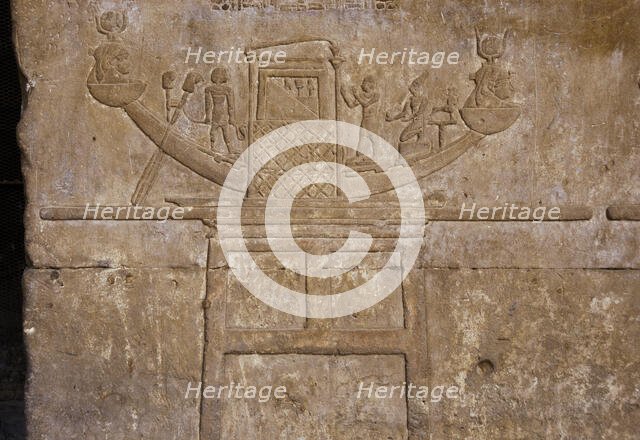 Relief depicting a sacred boat of Hathor, Temple of Edfu, Egypt, Ptolemaic period, 237-57 BC (2003). Creator: LTL.
