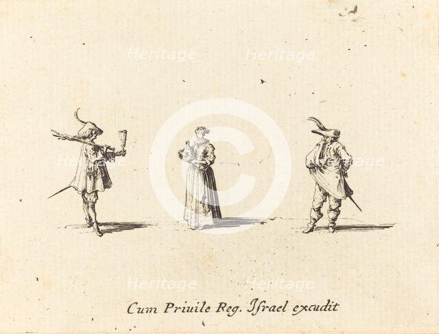 Lady with Wine Bottle, and Two Gentlemen, probably 1634. Creator: Jacques Callot.