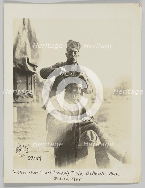 "A close shave" - 317th Supply Train, Belleville, Meuse, Oct. 12, 1918, October 12, 1918. Creator: Unknown.