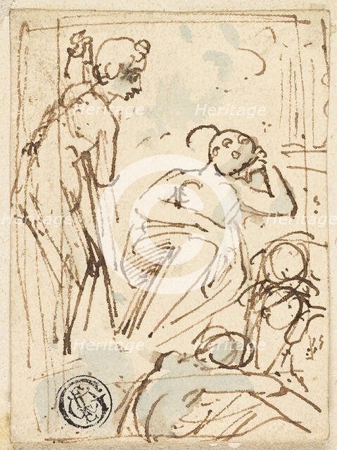 Sketch of Man Leaning on Staff, Looking at Sleeping Woman, n.d. Creator: Thomas Stothard.