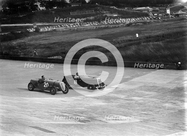 Fiat Balilla and Jensen racing at the BARC Meeting, Brooklands, 15 October 1938. Artist: Bill Brunell.