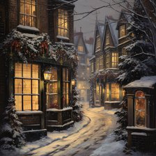 AI Image - Illustration of a Dickensian Christmas street scene, 2023. Creator: Heritage Images.