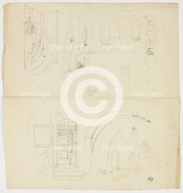 Sketches of Doorway, Figures, Building with Side Entrance to Church (r); Sketch of Spire (v), n.d. Creator: Unknown.