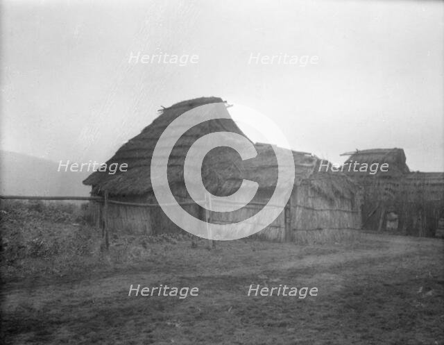 View of Ainu village, 1908. Creator: Arnold Genthe.