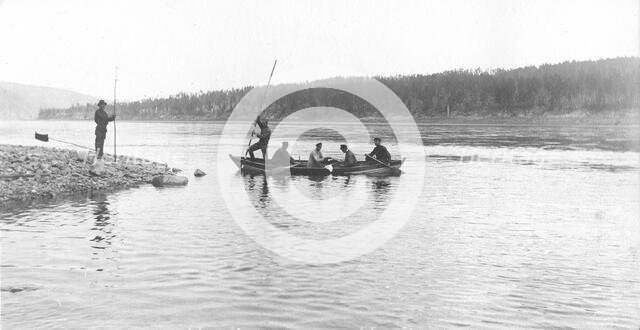 The moment of taking measurements of the river depth from a boat, 1909. Creator: Vladimir Ivanovich Fedorov.