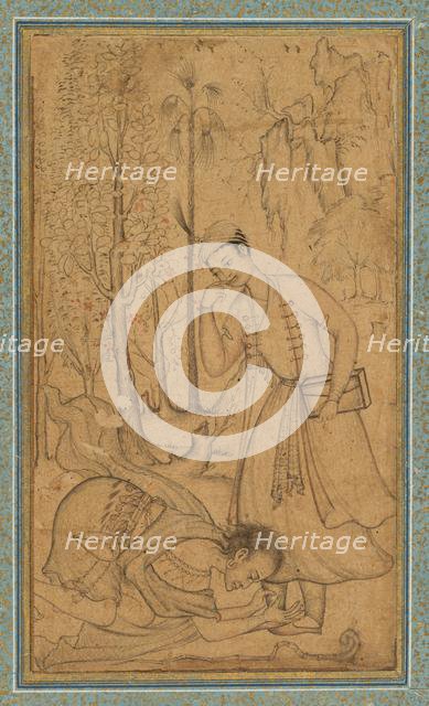 A Holy Man Prostrating Himself Before a Learned Prince, c. 1585; border added probably 1700s. Creator: Manohar (Indian), attributed to ; Basavana (Indian, active c. 1560-1600), and.