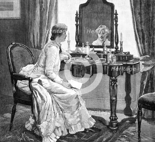 Then, looking up in her trouble and perplexity, she caught sight of her own face in the glass, 1883. Creator: R. Taylor.