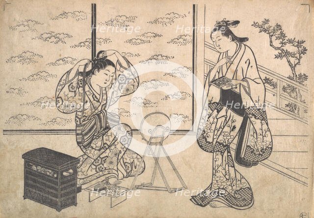 Two Women in a Room Opening on a Verandah, ca. 1730. Creator: Hasegawa Mitsunobu.