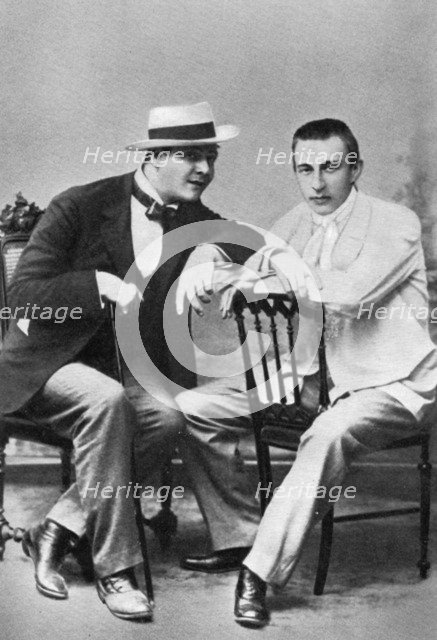 Russian opera singer Feodor Chaliapin with composer and pianist Sergei Rachmaninov, c1890. Artist: Unknown