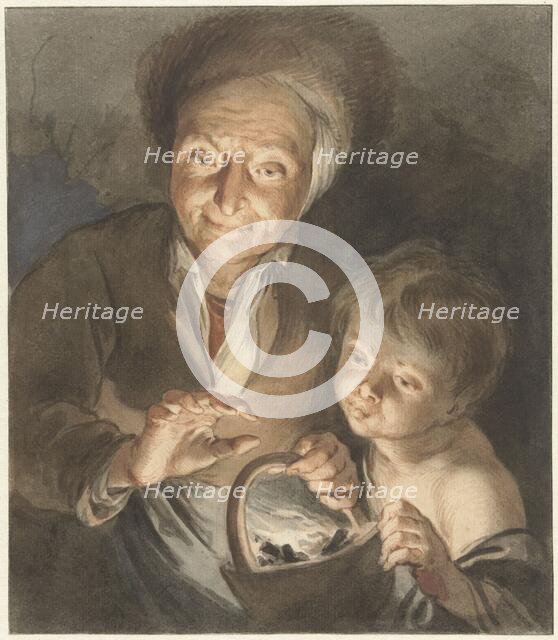 Old woman with child and chafing dish, 1734. Creator: Jacob de Wit.