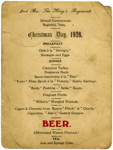 Christmas Day menu, 2nd Battalion the King's Regiment, Iraq, 1926. Artist: Unknown