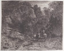 Two Travelers in a Forest (Le Cavalier en forêt et le piéton), 1854. Creator: Jean-Baptiste-Camille Corot.