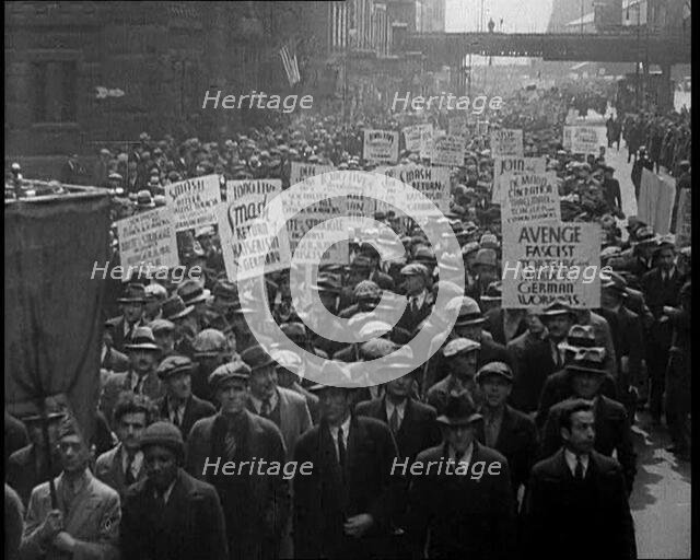American anti-fascists Marching and Holding Signs, 1933. Creator: British Pathe Ltd.
