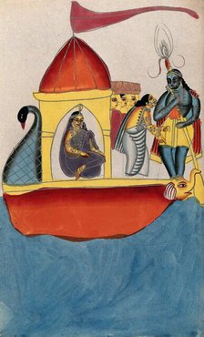 Krishna steering a peacock-headed boat carrying five women. Creator: Unknown.