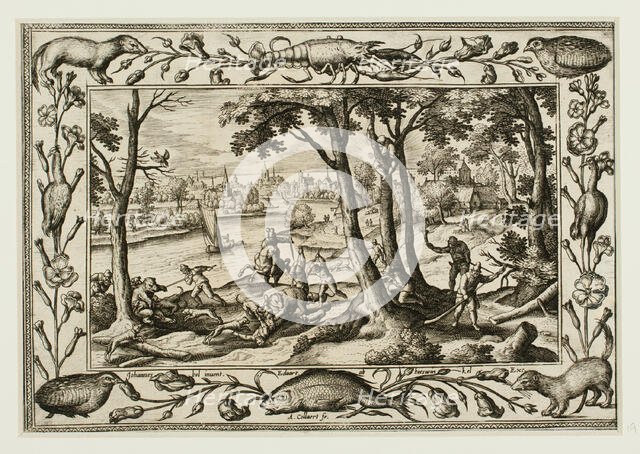 Bear Hunt, from Landscapes with Old and New Testament Scenes and Hunting Scenes, 1584. Creator: Adriaen Collaert.