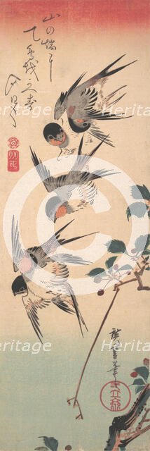 Swallows and Budding Wild Cherry, ca. 1835., ca. 1835. Creator: Ando Hiroshige.