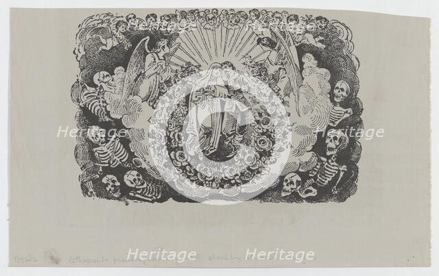 A female saint standing with a cavalier and surrounded by angels and skeletons, ca..., ca 1890-1910. Creator: José Guadalupe Posada.