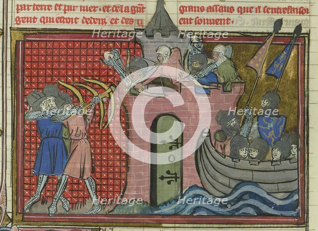 The siege of Ascalon in 1153 (From "Li rommans de Godefroy de Buillon et de Salehadin"), 1337. Creator: Maître de Fauvel (active 1314-1340).