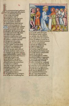 Simeon Taken Prisoner While Joseph's Other Brothers Return to Canaan; Weltchronik, about 1400-1410. Creator: Unknown.