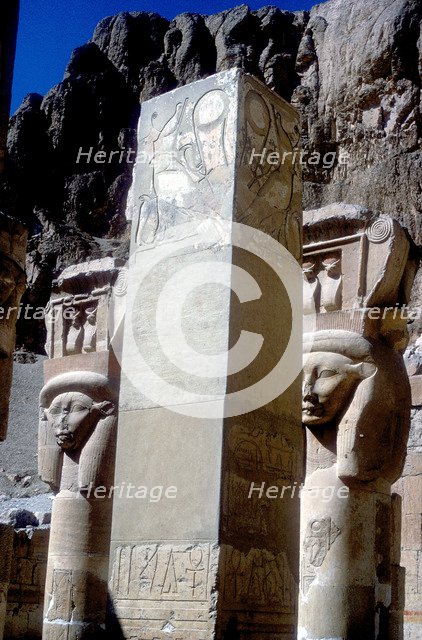 Hathor headed capitals in the Chapel of Hathor, Temple of Hatshepsut, Luxor, Egypt, c15th centuryBC. Artist: Unknown