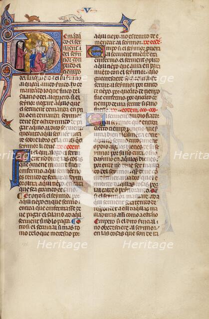 Initial D: A Man Speaking to a Young Man and Three Men before a Judge, about 1290-1310. Creator: Unknown.