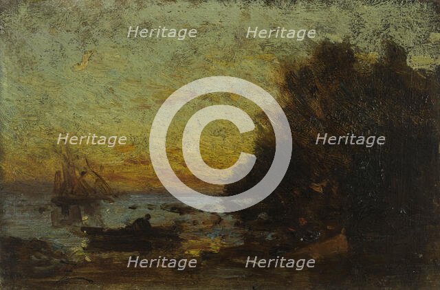 Barque et voiliers, coucher de soleil. Au revers : Marine, between 1850 and 1860. Creator: Felix Francois Georges Philibert Ziem.