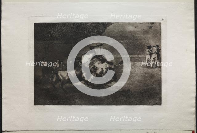 Bullfights: A Horse Thrown by the Bull, 1876. Creator: Francisco de Goya (Spanish, 1746-1828).