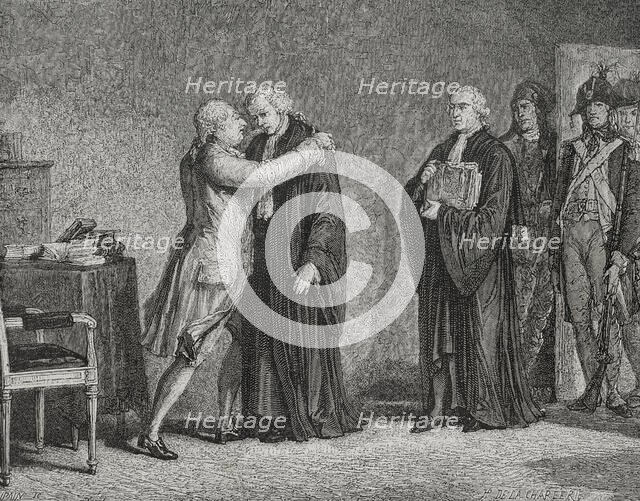 Meeting of Louis XVI with his lawyer Malesherbes, (1721-1794), 1876.  Creator: Hippolyte de la Charlerie.