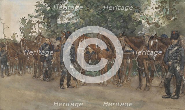 Hussars standing next to their horses by the side of the road, c.1867-c.1923. Creator: George Hendrik Breitner.
