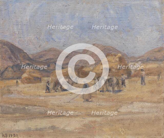 The threshing floor at Cività d'Antino; La battitura del grano a Cività d'Antino, 1920. Creator: Karl Schou.