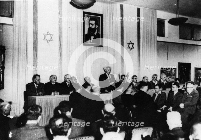 David Ben Gurion (1886-1973) proclaims the independent Jewish state, 1948. Artist: Unknown