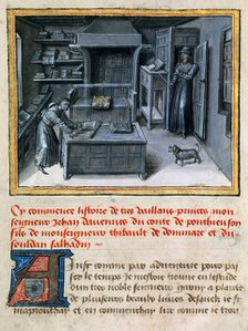 The translator reading the Latin text in the library, ca 1460.