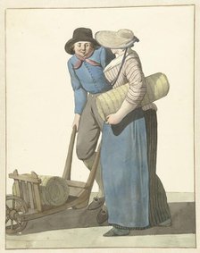 Woman next to a man with a wheelbarrow, 1700-1800. Creator: W. Barthautz.